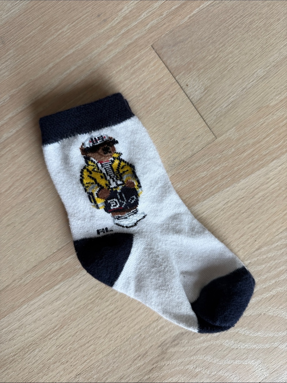 Ralph Lauren White Crew Sock with Black Accents & Yellow Polo Bear